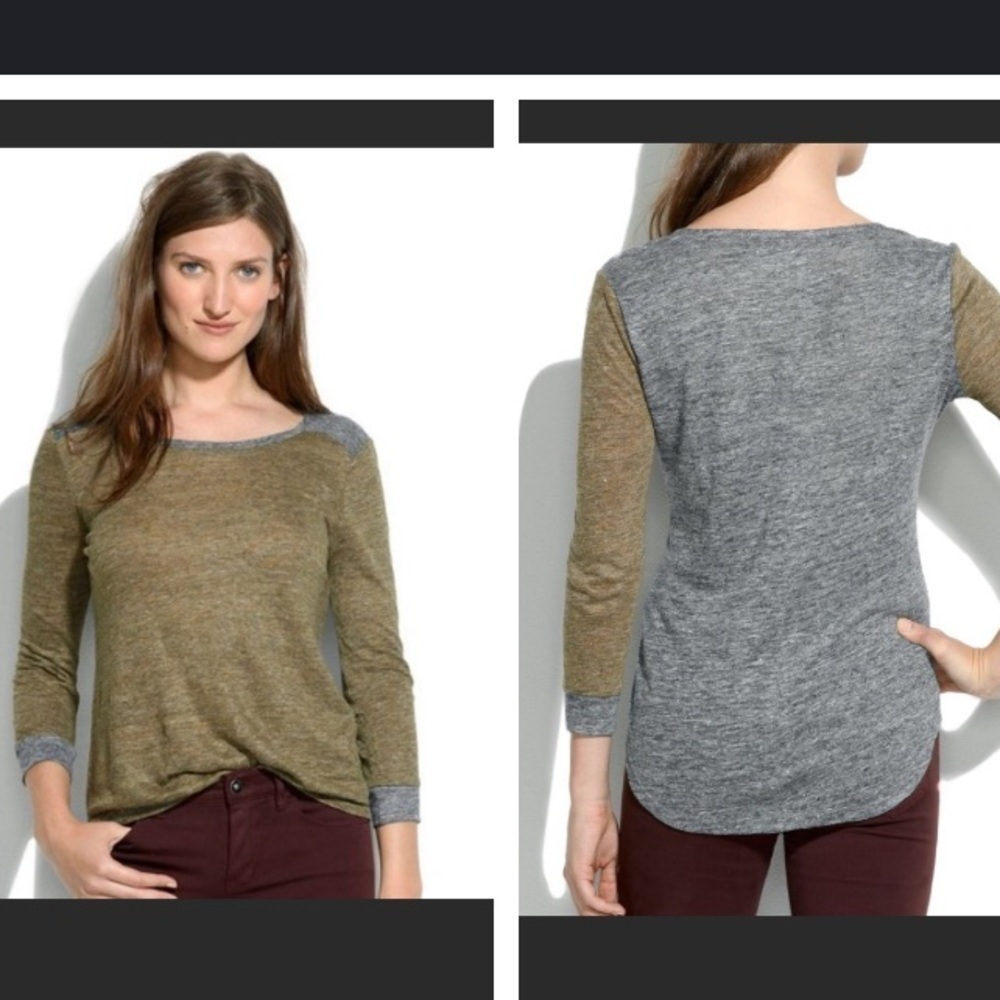 Madewell Womens Medium Brimfield Linen Colorblock Tee Green Gray